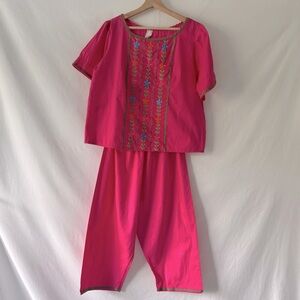 Vintage Vibrant Pink Cotton Embroidered Two-Piece Set